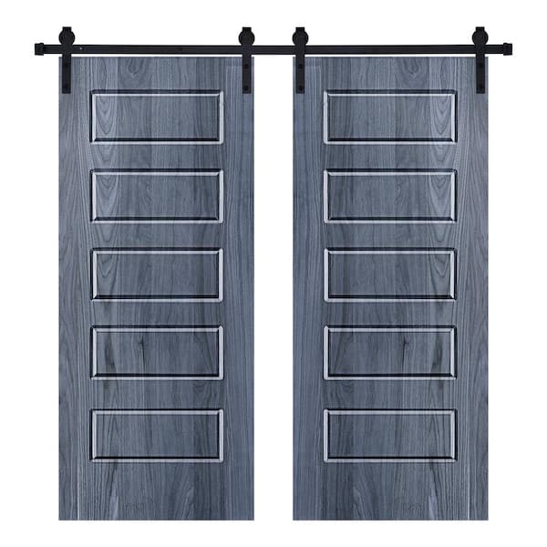 AIOPOP HOME Modern 5 Panel Designed 72 in. x 84 in. Wood Panel Icy Gray Painted Double Sliding Barn Door with Hardware Kit