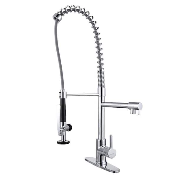 Commercial Deck Mount Double Handle Pull Down Sprayer Kitchen Faucet with Pre-Rinse Sprayer in Polished Chrome
