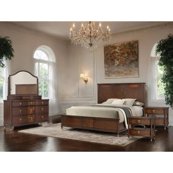 Whitney 5-Piece Traditional Dark Cherry Wood Queen Panel Bedroom Set with Reading LED on Headboard