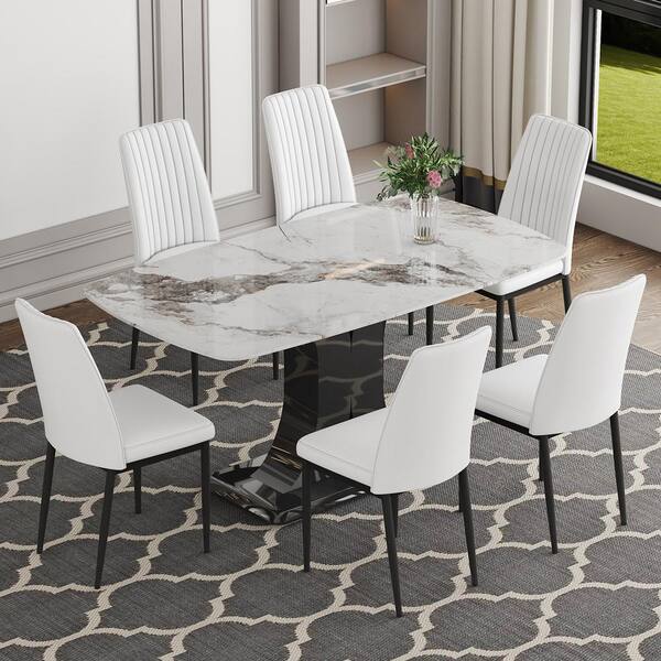 Harper & Bright Designs White 7-Piece Rectangular Faux Marble Top Dining Table Set Seats 6-8 with Convertible Base, 6-Upholstered Chairs