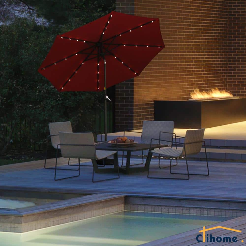 9 ft Red Solar LED Tilt Patio Umbrella with Steel Pole
