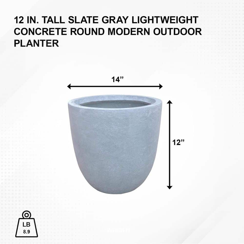 Slate Gray Round Lightweight Concrete Planter with Drainage Hole