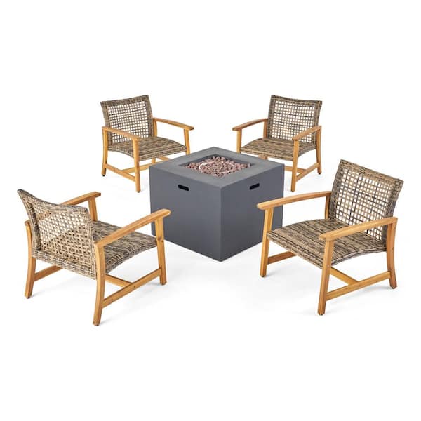 Noble House Augusta Natural Finished 5-Piece Wood Patio Fire Pit Seating Set