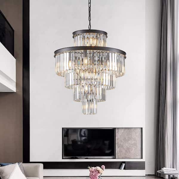 Crystal Series 15-Light Black Luxury K9 Crystal 5‑Tier Pendant Chandelier for Living Room, Dining (E12, No Bulb)