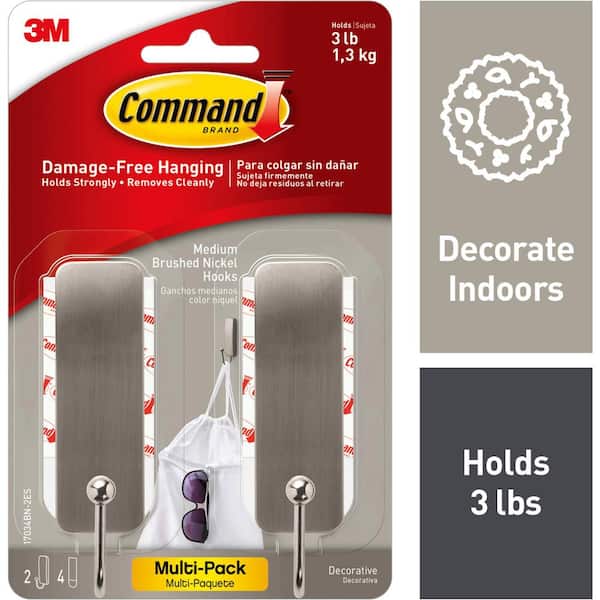 Command Large Wall Hooks, Damage Free Hanging Wall Hooks with Adhesive  Strips, No Tools Double Wall Hooks for Hanging Christmas Decorations, 1  Satin