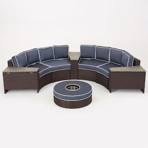 Lachlan Brown 8-Piece Wicker Outdoor Sectional Set with Navy Blue Cushions and Ice Bucket