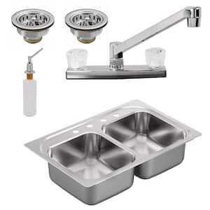 33 in. Drop-in/Undermount Double Bowl 18-Gaige Stainless Steel Kitchen Sink with Double Handle Faucet, Polished Chrome