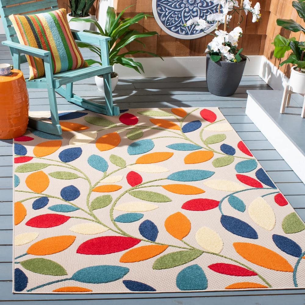 Ivory and Multicolor Synthetic Floral Square Area Rug
