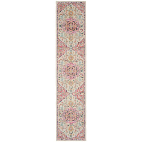 Nourison Passion Ivory Pink 2 ft. x 12 ft. Bordered Transitional Runner Area Rug