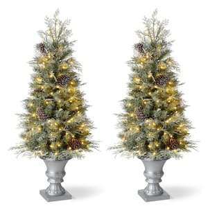 4 ft. Pre-Lit Pine Artificial Christmas Porch Tree with 130 Warm White Lights and Pine Cones (2-Pack)