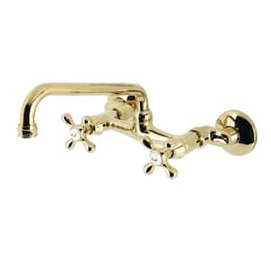 Two Handle Adjustable Center Wall Mount Standard Kitchen Faucet in Polished Brass