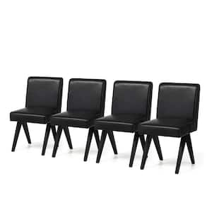 Mid-Century Modern Black Leatherette Solid Back Dining Chair with V-Shaped Solidwood Legs (Set of 4 ）