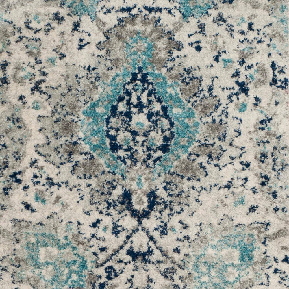 Gray and Blue Floral Motif Synthetic Runner Rug