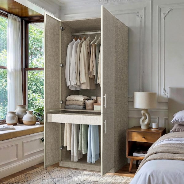 1-Piece White Wood Queen Bedroom Set with Wardrobe Storage Hanging Rod, Metal Handles for Bedroom