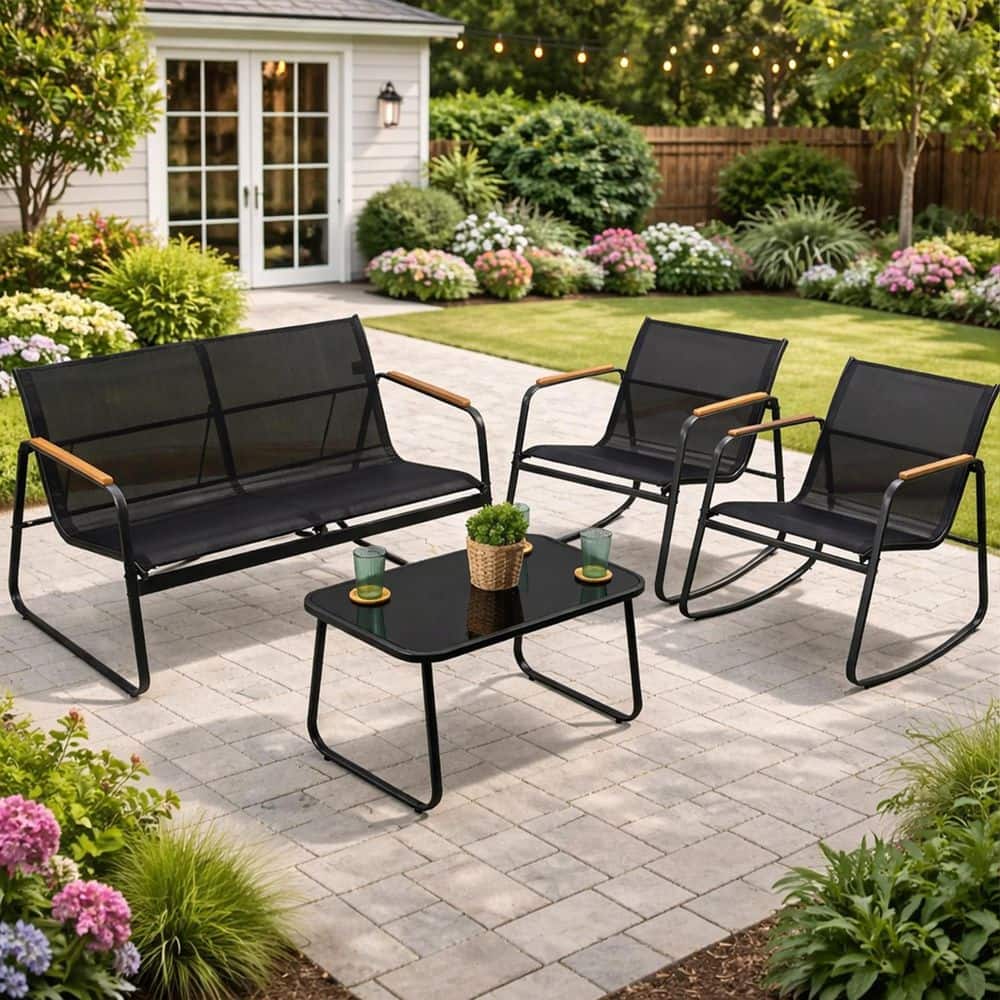KOZYARD 4-Piece Metal Patio Conversation Set with Black Breathable