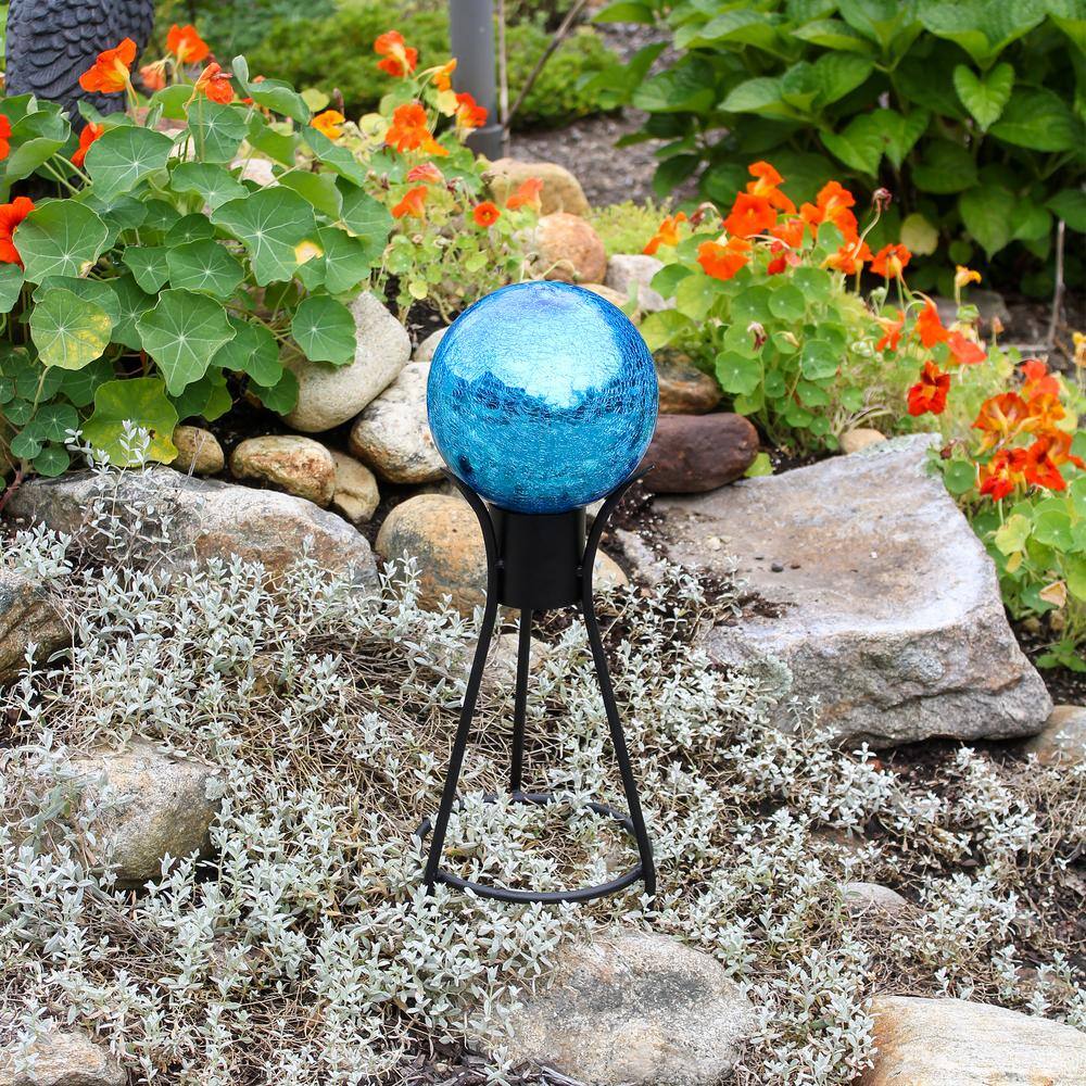 Teal Crackle Glass Gazing Globe with Black Iron Stand