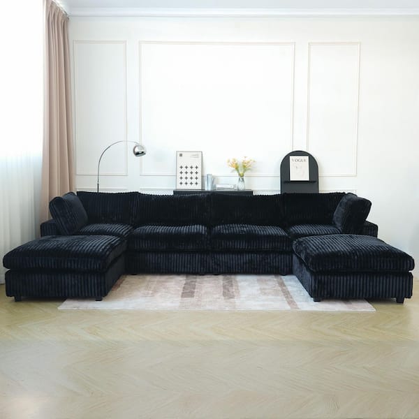 Magic Home 157 in. Square Arm Faux Rabbit Fur Velvet 6-Piece Free Combination Cloud Modular Sectional Sofa with Ottoman in Black