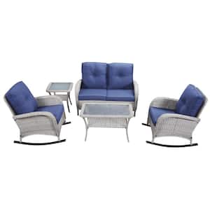5-Piece Gray Wicker Patio Conversation Set with Blue Cushions and Loveseat Side Table Flat Handrail Rocking Chairs