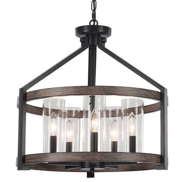 20.31 in. 5-Light Matte Black/Wood Grain Drum Chandelier with Glass Shade and No Bulbs Included For Dinning Room Foyer