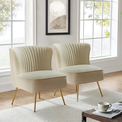 Monica Modern Tan Velvet Comfy Living Room Side Chair with Golden Metal Legs (Set of 2)