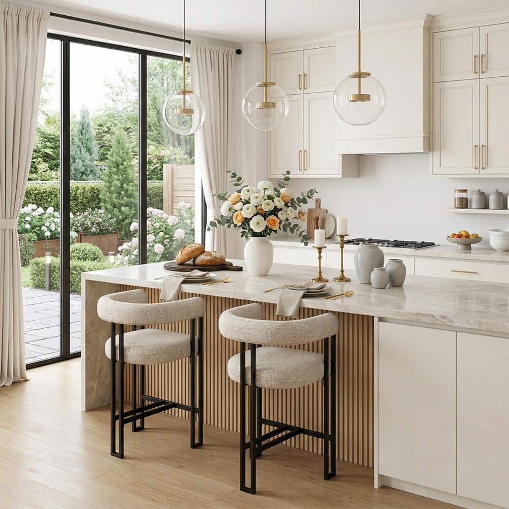 "24"" Counter Height Bar Stool with Back, Oatmeal Fabric Upholstered Kitchen Island Stool, Metal Legs, Set of 2" price history on PriceWatchPro