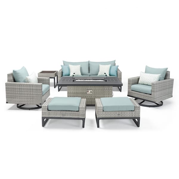 RST BRANDS Milo Gray 7-Piece Wicker Patio Motion Fire Pit Conversation Set with Sunbrella Spa Blue Cushions