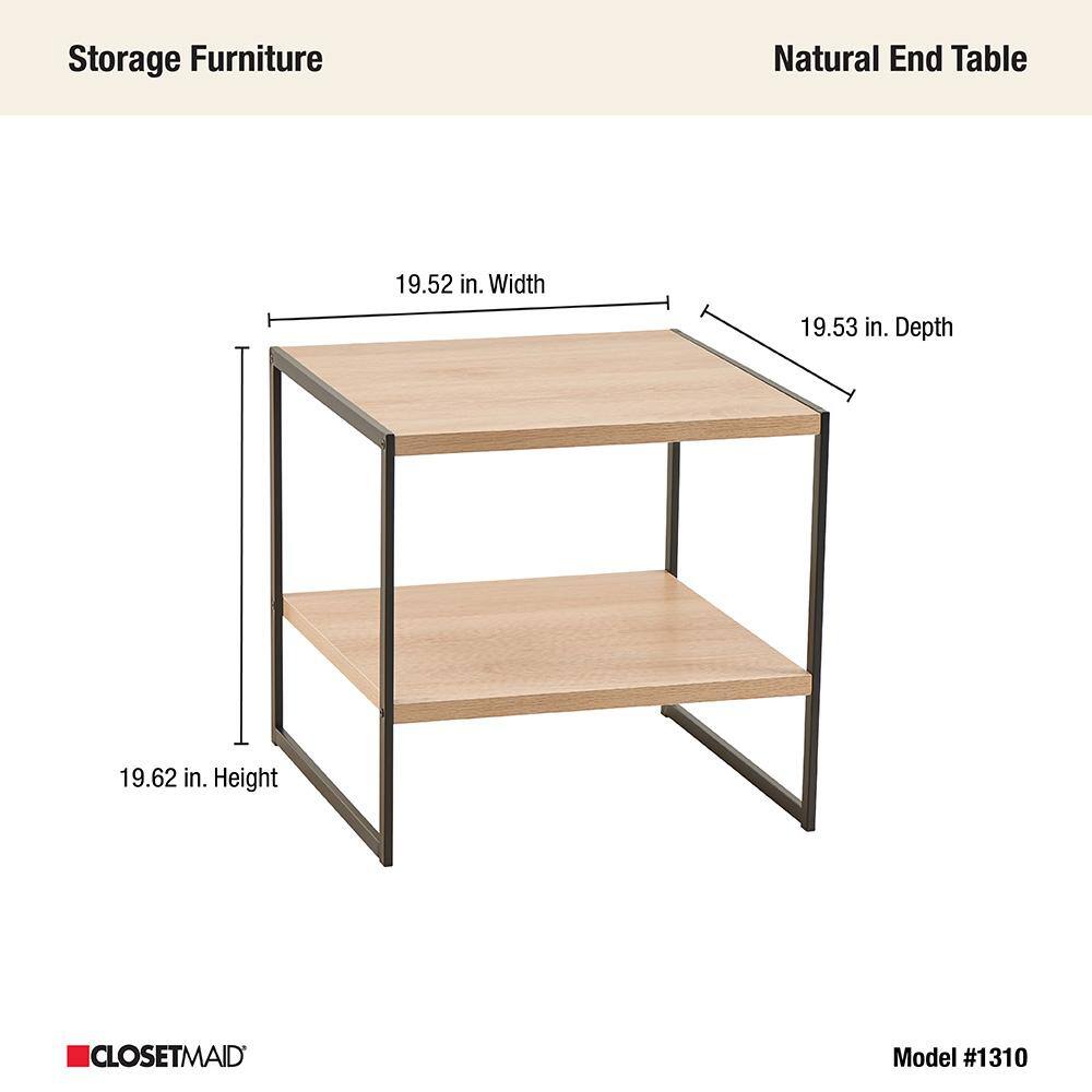 Natural Wood and Black Metal Square Side Table with Storage Shelf