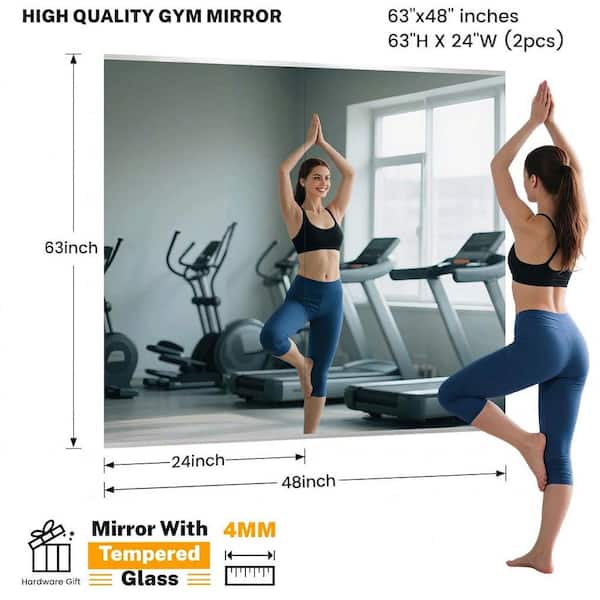 2 Pieces 24 in. W x 63 in. H Rectangle Frameless Wall-Mounted HD Gym Mirror Dance Mirror Vanity Mirror