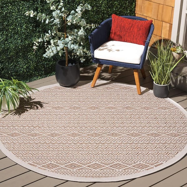 Wicker 7 ft. x 7 ft. Orange/Beige Geometric Striped Round Area Rug