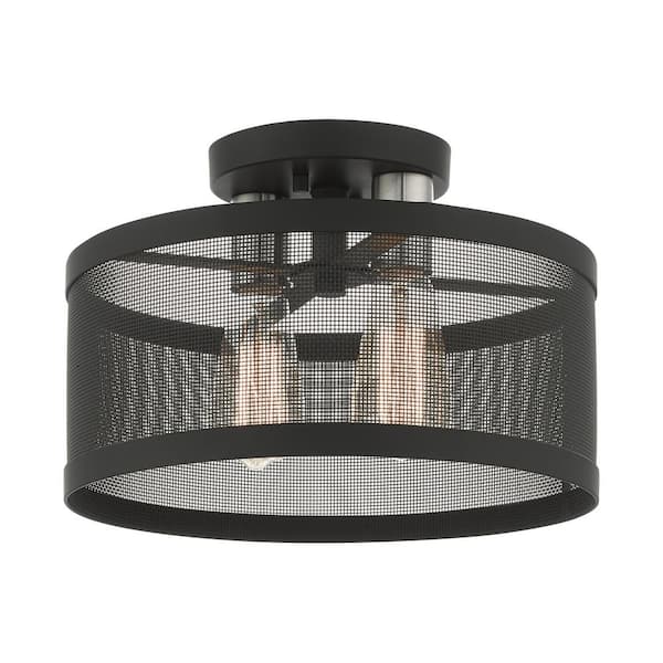 Ardsley 13 in. 2-Light Black Semi Flush Mount with Brushed Nickel Accents and Stainless Steel Mesh Shade