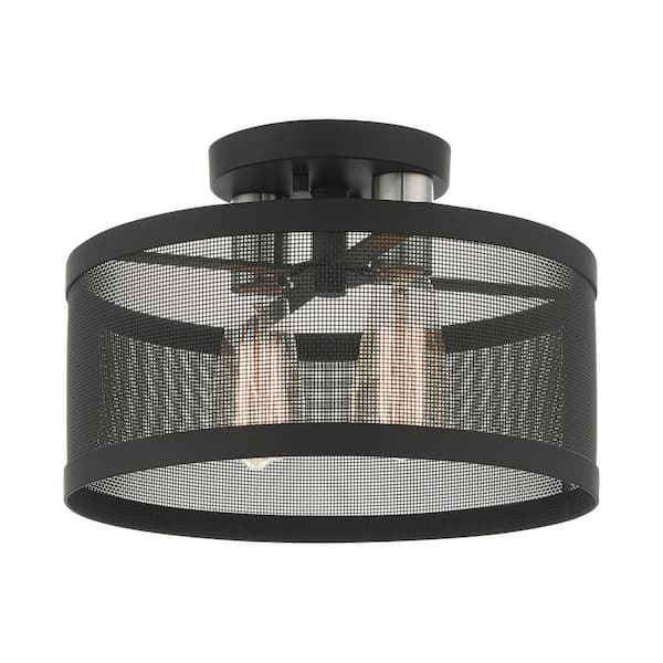 Livex Lighting Industro 2 Light Black with Brushed Nickel Accents Semi Flush Mount