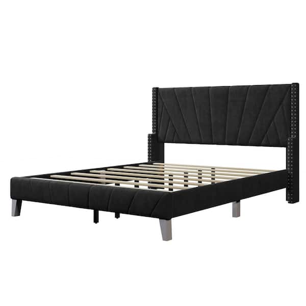 Unbranded Black Velvet Upholstered Frame Queen Platform Bed with Channel Tufting and Nailhead Trim