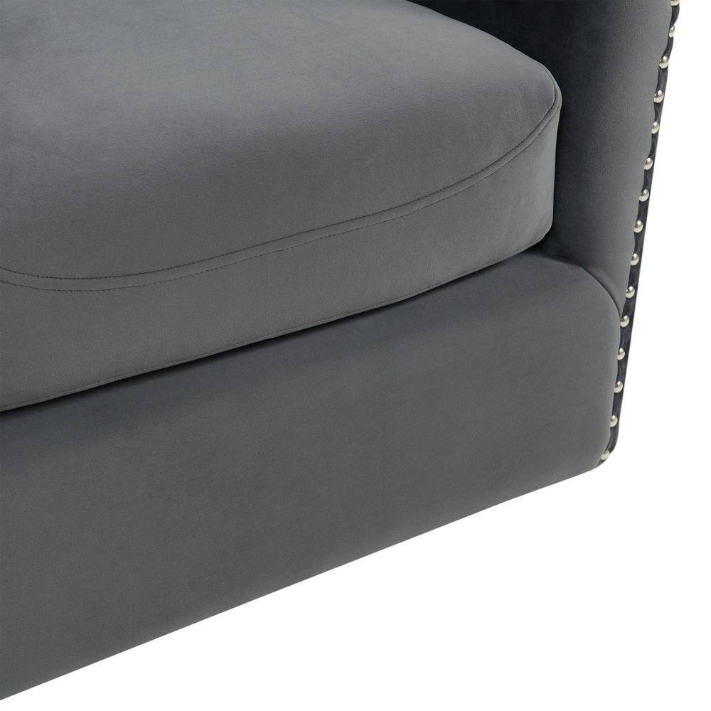 Gray Velvet Barrel Swivel Chair with Chrome Nail Head Trim