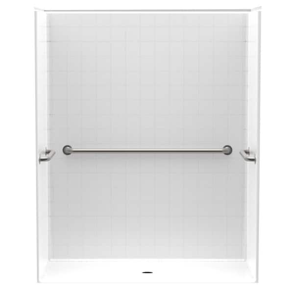 Aquatic Accessible Smooth Tile AcrlyX 60 in. x 34 in. x 74.9 in. 1-Piece Shower Stall with Grab Bars and Center Drain in White