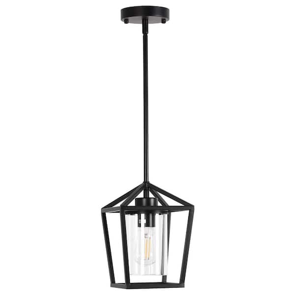 1-Light American Matte Black Lantern Pendant Light with Clear Glass Shade, E26 Socke for Living Room No Bulbs Included