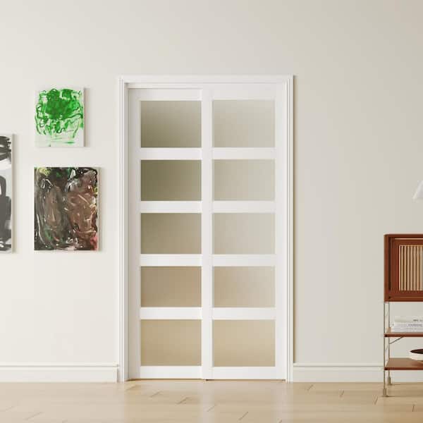 48in x 80in, MDF, Solid Core, White Double Slide Frosted Glass, 5 Panel Sliding Door with All Hardware