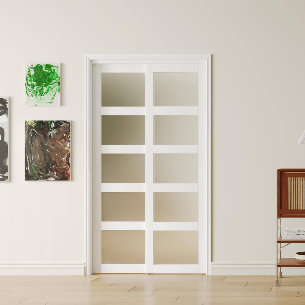 48" x 80" White MDF 5-Panel Frosted Glass Sliding Door