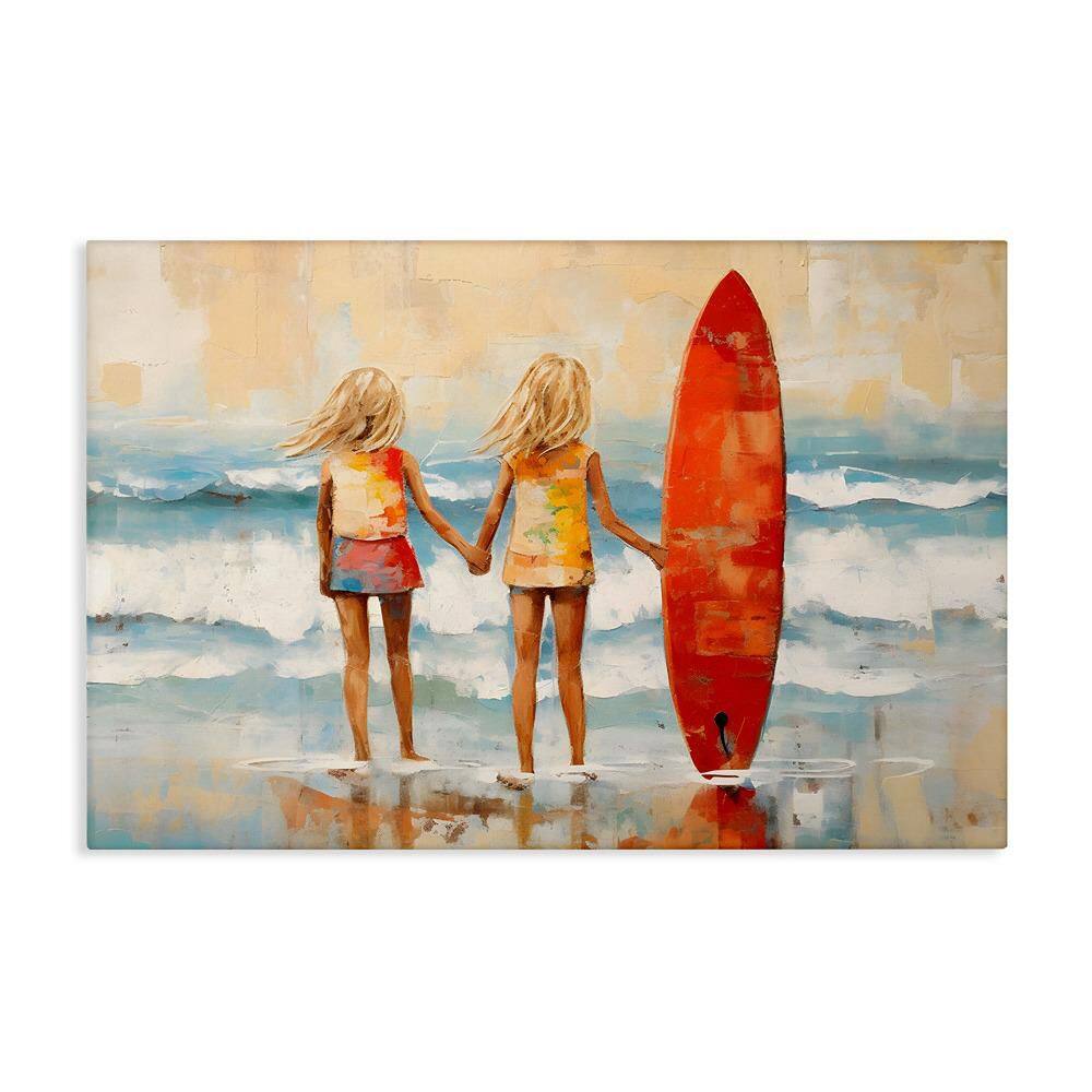 Kids and Beach Surfboard by Petal Prints Design 1-Piece Unframed People Graphic Art Print 24 in. x 36 in. price history on PriceWatchPro