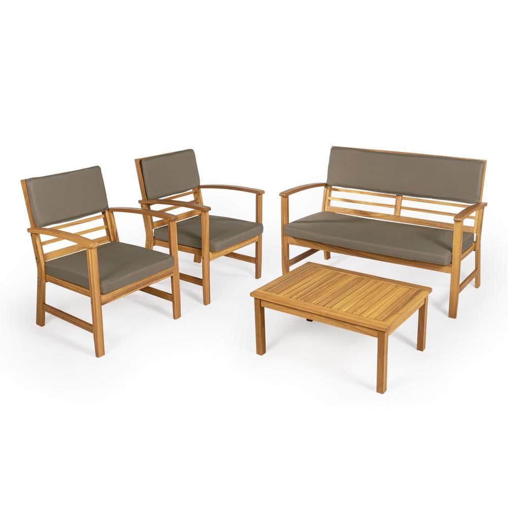 JONATHAN Y Barclay 4-Piece Modern Coastal Acacia Wood Conversation Outdoor Patio Set with Dark Gray/Teak Brown Cushions
