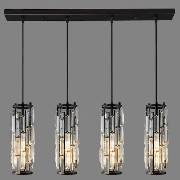 Home Lighting 60W 4-Lights Black Modern Crystal Pendant Light Adjustable for Kitchen Island, No Bulbs Included
