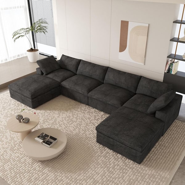 J&E Home 160.6 in. W Square Arm Linen U-Shaped 6-Pieces Modular Free Combination Sofa with Storage Ottoman in Black