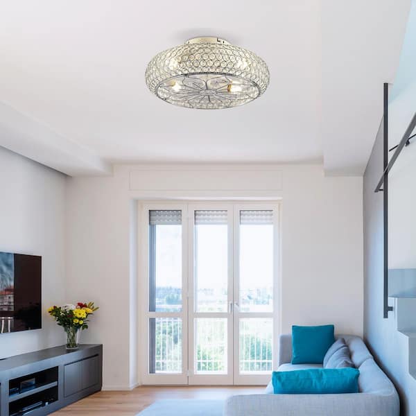 20 in.Chrome Crystal and PC Blades Flush Mount Standard Low Profile Ceiling Fan Without Lights,Remote Control,DC Motor