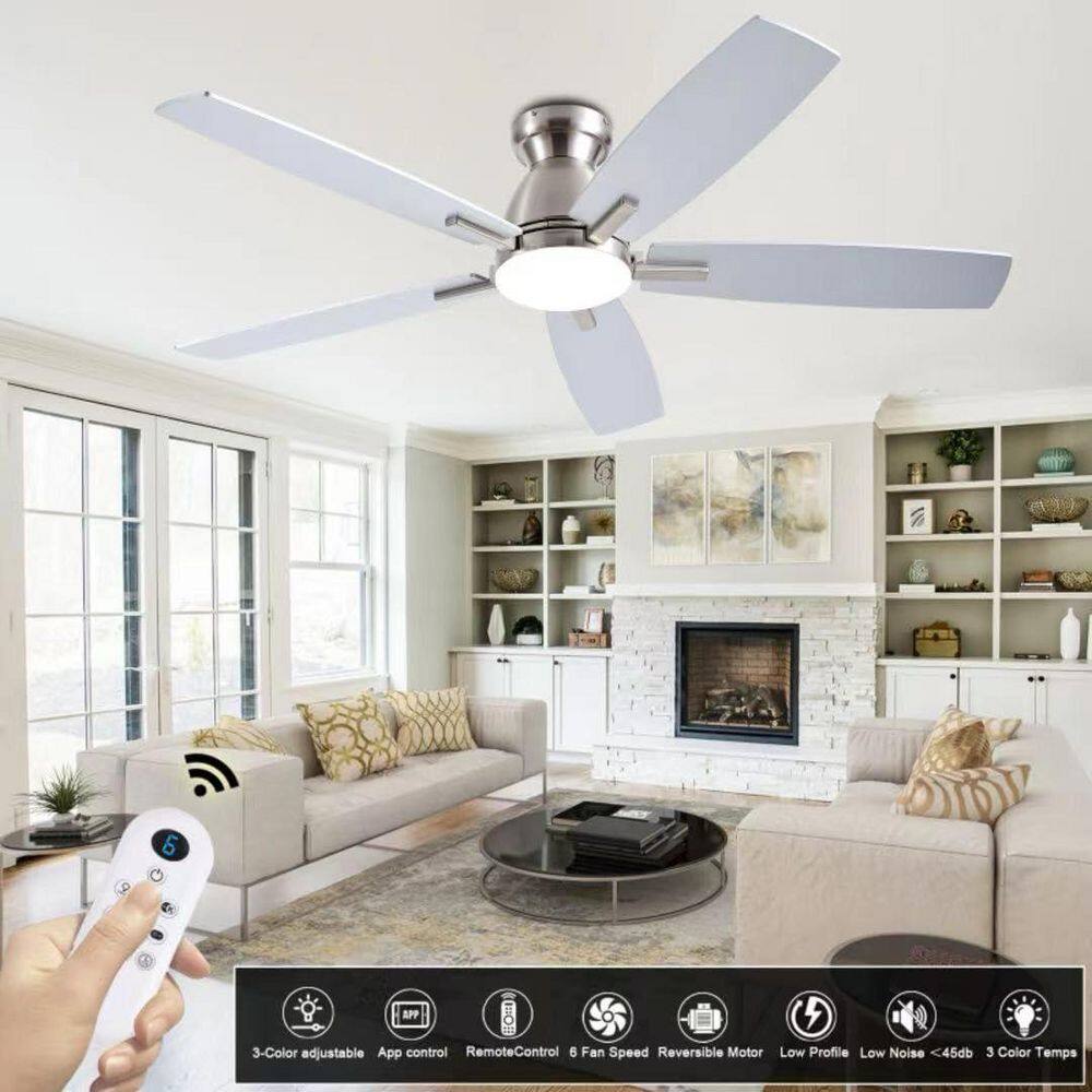 52 in. Nickel Low Profile Ceiling Fan with Dimmable Standard LED Light, Remote Control, Flush Mount, Reversible DC Motor price history on PriceWatchPro