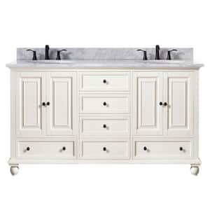 Thompson 61 in. W x 22 in. D x 35 in. H Vanity in French White with Marble Vanity Top in Carrera White with Basin