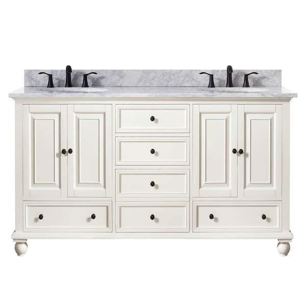 Avanity Thompson 61 in. W x 22 in. D x 35 in. H Vanity in French White with Marble Vanity Top in Carrera White with Basin