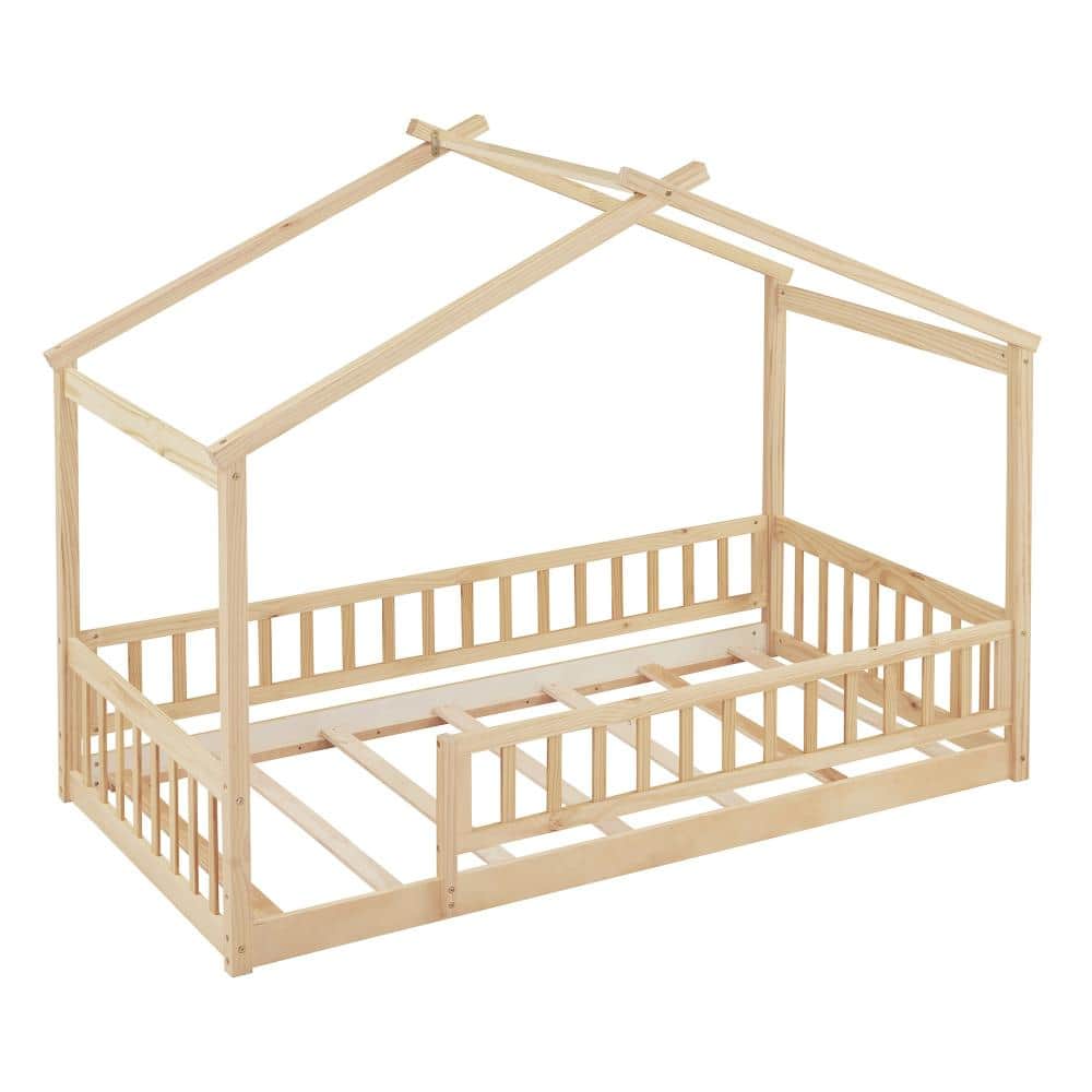 Natural Wood Twin House Bed Frame with Fence and Playhouse Design durable construction easy to install price history on PriceWatchPro