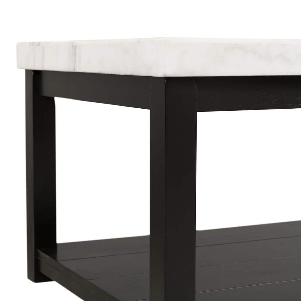 Transitional White Marble & Black Wood Rectangular Coffee Table