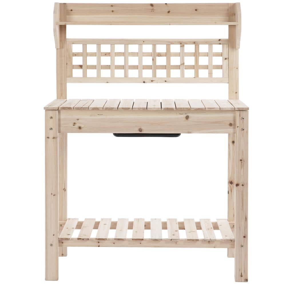 Natural Fir Wood Garden Potting Bench with Hidden Storage