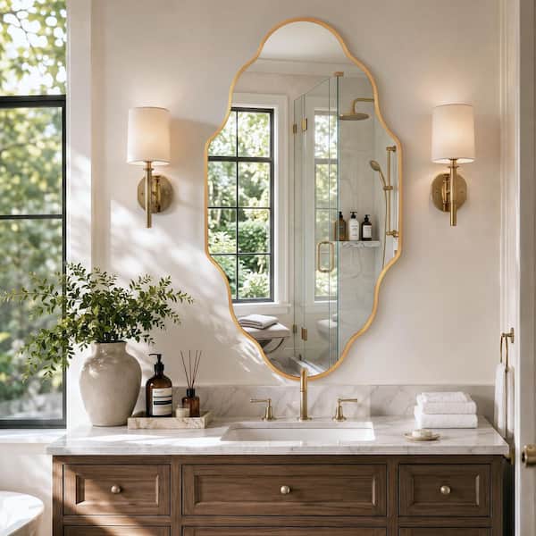 24 in. W x 36 in. H Scalloped Gold Aluminum Alloy Framed Wall Mirror Irregular Decorative Wall Mirror