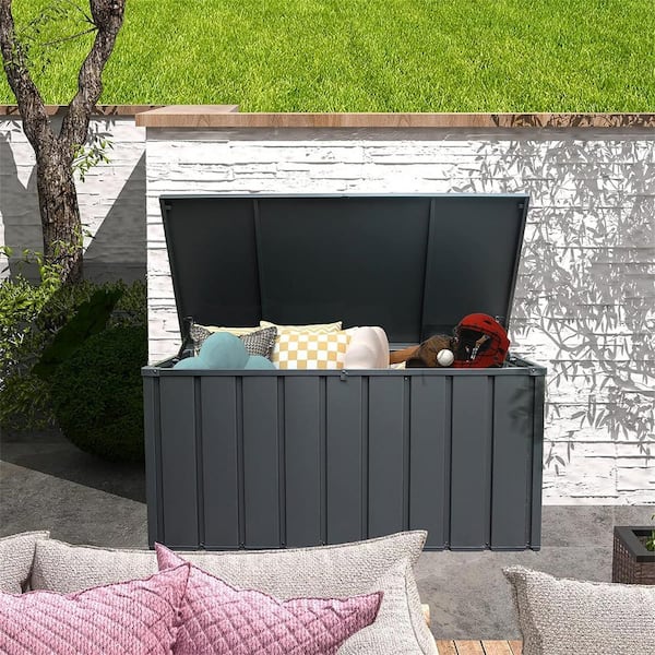 JimsMaison 100 Gal. Dark Gray Steel Deck Box with Lockable Lid and Side Handles